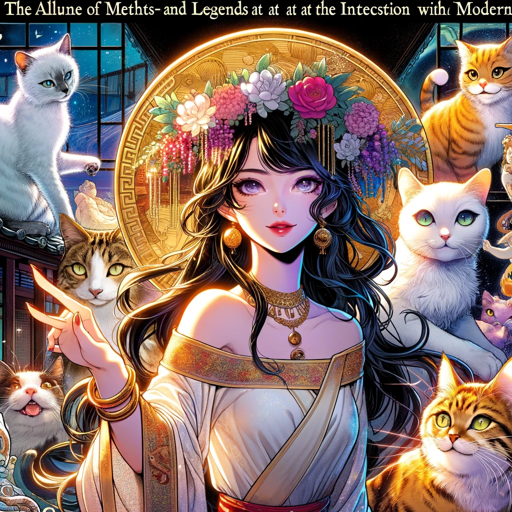 「魅力のミャオ: 伝統と現代の交差点における猫ちゃんの神話と伝説」のイメージと女性