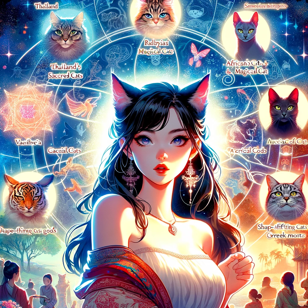 「魅力のミャオ: 世界を巡る猫ちゃんの神話と魔法」の猫ちゃんと女性